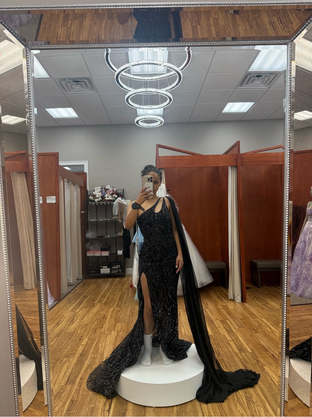 Jovani One-Shoulder Black Sequin Gown with Draped Cape